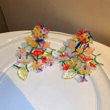 1 par de pendientes con forma de hoja y flor de colores acrílicos para mujeres, perfectos para la primavera al aire libre