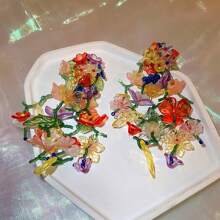 1 par de pendientes con forma de hoja y flor de colores acrílicos para mujeres, perfectos para la primavera al aire libre