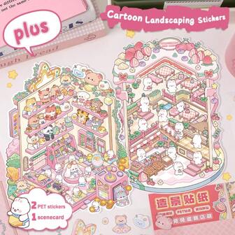 Stickers *3 + Scene Card *1 Cartoon 3D Stereoscopic Miniature Scene Stickers Scenery Collage Handbook DIY Educational Handbook Leisure Toys