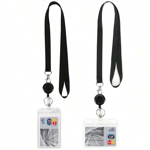 PVC Simple ID Card Sleeve, Black Lanyard With Retractable Easy-To-Pull Buckle