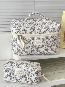 1 Pieza/Set Bolso de maquillaje estilo coreano con estampado floral diminuto negro y cordones decorativos Bolsa de almacenamiento grande y portátil multifuncional para cosméticos, cuidado de la piel, crema solar, esmalte de uñas, joyas, audífonos, artículos pequeños. Regalo ideal para damas de honor, cumpleaños, San Valentín, hermana, amante y amiga