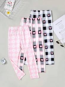 3 Pcs Girls Plaid Heart Elastic Waist Straight Leg Pants, Suitable For Spring & Autumn - Multicolor - View 1