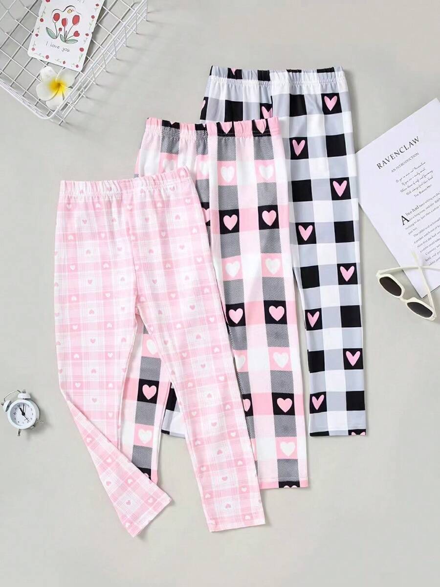 3 Pcs Girls Plaid Heart Elastic Waist Straight Leg Pants, Suitable For Spring & Autumn - Multicolor - View 1
