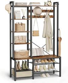 Entryway Coat Rack With Shoe Bench And 5 Storage Shelves, 9 Clothes Hooks And 6 Side Hooks, 40 X 120 X 190 Cm, Rustic Brown And Ink Black HSR426B01 - 復古棕色 + 墨黑色 - 查看 1
