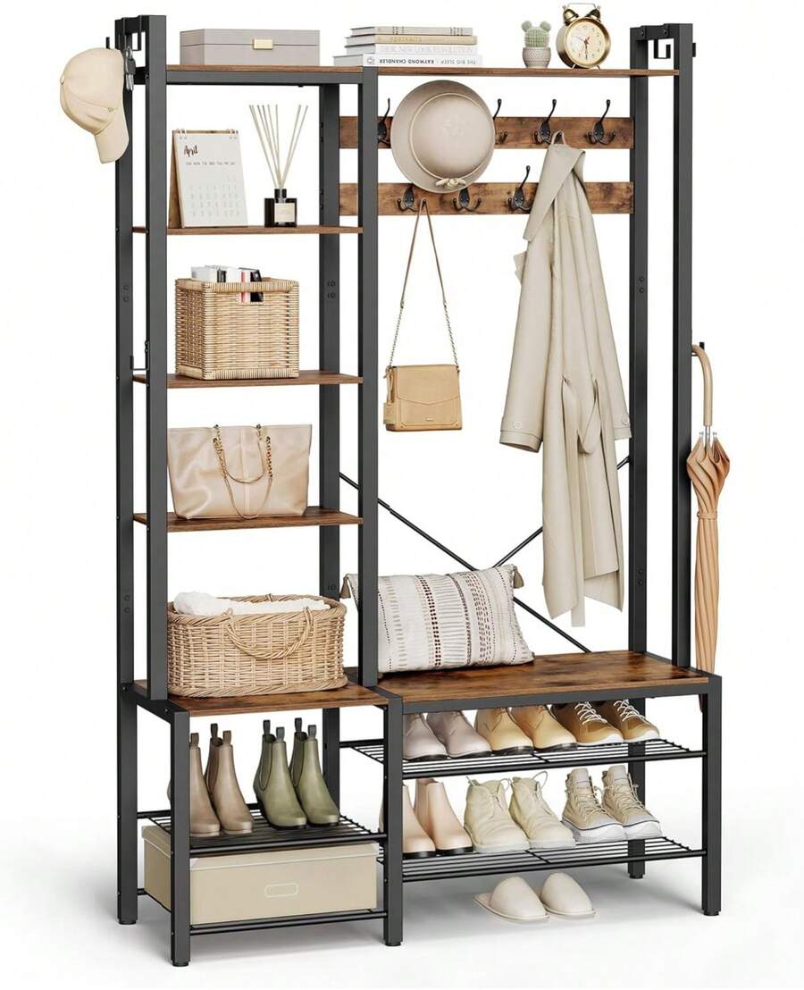 Entryway Coat Rack With Shoe Bench And 5 Storage Shelves, 9 Clothes Hooks And 6 Side Hooks, 40 X 120 X 190 Cm, Rustic Brown And Ink Black HSR426B01 - 復古棕色 + 墨黑色 - 查看 1