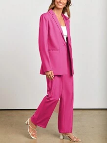 Women's Spring Two-Piece Work Suit Casual Loose Long Suit Jacket And Formal Wide Leg Pant Suit With Pockets - Màu Hồng Tươi - Xem 5