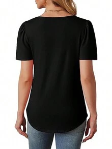2025 d'été pour femmes Blouse à manches courtes, Mode Décontractée Top à taille plissée et nouée - Noir - Voir 2
