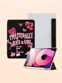 1pc Pink & Black Heart, Butterfly, Wine Goblet Pattern Tablet Protective Case, Anti-Drop, With Pen Slot, Support Sleep/Wake, Compatible With Samsung, And IPad