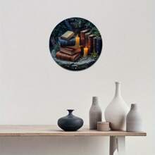 1 件装饰艺术图书馆主题装饰 - 8x8 英寸圆形平面标牌，适用于办公室、家庭、墙壁艺术装饰 - 防水、无需电源、上、下、左、右随机有孔