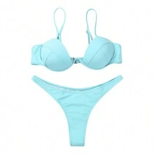 Hot 2022 New Set Of Women Bikini Push-Up Bra Swimsuit Solid Color Adjustable Thin Shoulder Strap Underwire Bra + Thong Beachwear - 藍色 - 查看 2