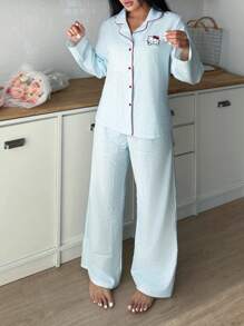 Sanrio 2pcs Hello Kitty Women's Plaid Print Button Front Long Sleeve Pajama Top + Drawstring Waist Long Pants Cute Sleepwear Set, Cozy Outfit, Fall Clothes