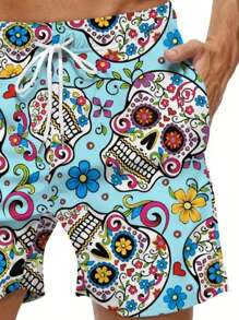 Quần short cạp rút họa tiết đầu lâu có túi cho nam, quần short mặc thường ngày đi biển và ngày lễ độc đáo, phong cách Hawaii - Nhiều màu - Xem 3