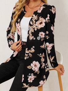 1pc Retro Floral Print Open Front Women Lightweight Jacket, Fashionable Elegant Floral Open Jacket For Spring And Summer Casual Home Office, Long Sleeve, Unlined