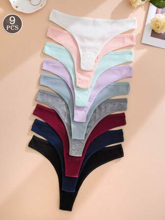 9pcs/Pack Women Solid Color Ribbed Sexy Thong Underwear, Comfortable Breathable