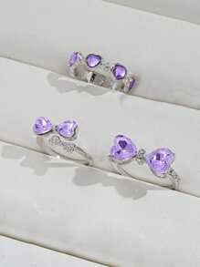 Set de 3 anillos con decoración de mariposa, corazón y cristal en estilo Y2K para niñas - Perfecto para citas, fiestas, regalos del Día de San Valentín o uso diario - Morado - Ver 5
