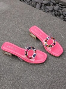 1 par de sandalias transparentes especiales de verano para niños con suela antideslizante, estilo princesa rosa de moda con cuentas de colores, chanclas planas para niñas de 3 a 12 años, para interiores, exteriores, ocio y vacaciones