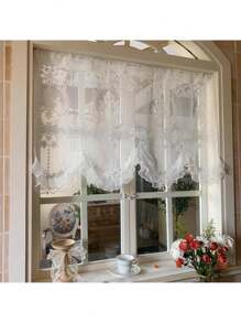 1pc French Double Pearls Lace Bottom Short Sheer Curtain High-Grade Embroidered Half Yarn Drapes For Window Kitchen Door