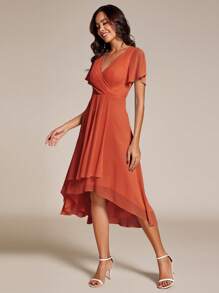 EVERPRETTY 优雅荷叶边撞色A字中长雪纺伴娘礼服、婚礼宾客礼服、婚礼假日礼服、秋季礼服 - 亮橙色 - 查看 4