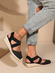 Fashion Cord-Tie Woolen Cloth Fully-Wrapped Heel Slip-On Wedge Shoes For Women