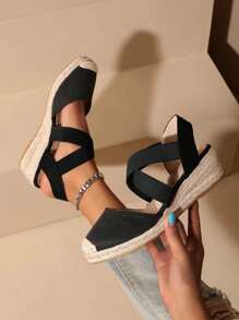 Fashion Cord-Tie Woolen Cloth Fully-Wrapped Heel Slip-On Wedge Shoes For Women