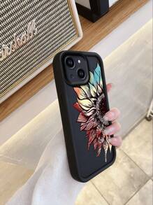 1pc Fashionable Colorful Semi-Flower Anti-Fingerprint Black Non-Slip Sandstone Phone Case, Compatible With Apple//Redmi/OPPO/Realme/Infinix