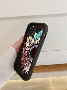 1pc Fashionable Colorful Semi-Flower Anti-Fingerprint Black Non-Slip Sandstone Phone Case, Compatible With Apple//Redmi/OPPO/Realme/Infinix