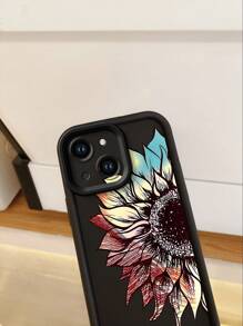 1pc Fashionable Colorful Semi-Flower Anti-Fingerprint Black Non-Slip Sandstone Phone Case, Compatible With Apple//Redmi/OPPO/Realme/Infinix