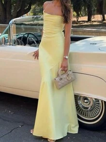 Đầm dài buộc dây hở lưng gợi cảm, thiết kế thanh lịch - Màu vàng - Xem 2