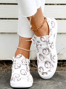 Mujer Primavera Nueva Mocasines planos de moda casual atléticos cómodos y ligeros con estampado de béisbol blanco, punta redonda y diseño slip-on, tallas grandes - Blanco - Ver 3