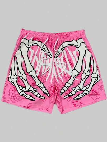 Men's Fashion Hawaiian Pattern Drawstring Waist Shorts With Skull Print, Ideal For Beach, Pool And Holiday