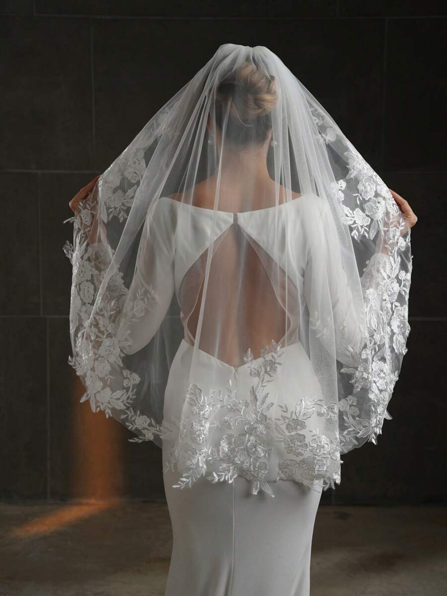 1 pièce Voile de mariée en dentelle florale avec peigne en métal, longueur jusqu'au bout des doigts 95 cm (37,4 pouces), pour la mariée, blanc ivoire - Multicolore - Voir 1