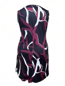 1pc Women's Geometric Print Sleeveless Round Neck Mid-Length Dress, Spring/Summer - Hot Pink - View 3