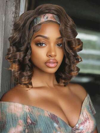 Short Loose Wave Headband Wigs For Black Women.Elegant Ombre Chocolate Brown Loose Wave Curly Headband Wig Synthetic Hair Wig With Soft Black Headband, High Temperature Fiber, Versatile For Daily & Party Wear