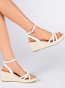 Simple & Versatile Pure White Cool Strap Sandals For Women, Holiday & Casual Style, Ladies' Wedge & Thick Platform Woven Sandals