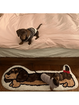 1 Stück Dackel-förmiger Plüsch-Teppich, geeignet für Schlafzimmer, Wohnzimmer, Korbsessel, Schminktisch, Material aus Polyester, maschinenwaschbar, süßer Würstchenhund-Bodenteppich mit rutschfester Unterlage (Rutschfeste Aufkleber für sicherere Nutzung sehr empfohlen)