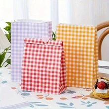 50个/包可爱格子礼品袋，带不干胶标签，方底纸袋，用于桌面存储和包装