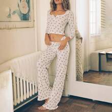 Women Pajama Set Heart/Bear Print Long Sleeve Crop Tops Elastic Waist Long Pants 2 Pcs Lounge Outfit