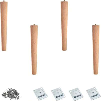CLIPOP 4 Pack Natural Wood Furniture Legs Solid Tapered Wood Replacement Furniture Feet With M8 Mounting Plate & Screws For Table Chair Cabinet