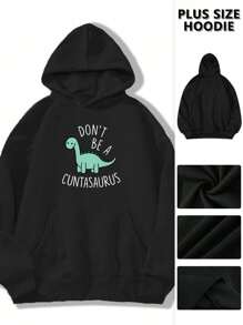 Cartoon Dinosaur Pattern Print Sweet And Gentle Temperament Fall Clothes Plus Size, Autumn And Winter Women's Plus Size Casual Dinosaur Pocket Drawstring Hoodie Fall Tops Women, Women's Fall Plus Size Clothes