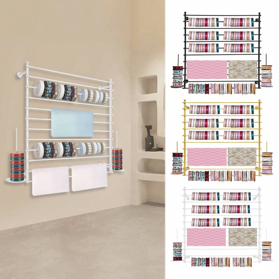 Wall-Mounted Display Rack, 12-Layer Wrapping Paper Ribbon Holder, Metal Organizer For Flower Shop Sewing Tool Thread Scarf Tie For Craft Room, Flower Shop, Retail Store, Gift Wrapping Paper 47.24*7.87*47.24in White/Black/Gold - 彩色 - 查看 1