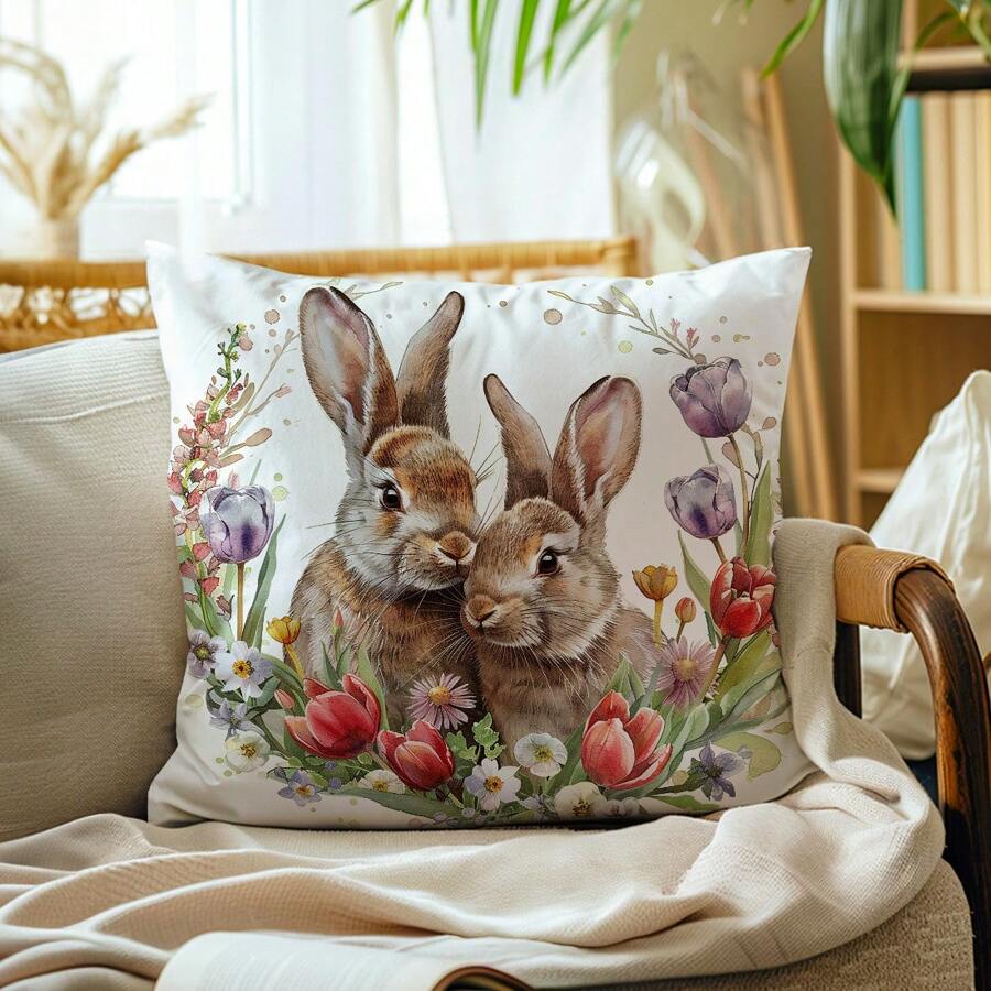 1 件简约可爱复古花卉兔子装饰枕套，柔软桃色天鹅绒面料，单面印花，45*45 厘米枕套，复活节礼物