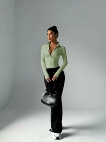 FWH Women's Fashion Yoga Outdoor Running Commuting Date Sunscreen Essential Elastic Comfortable Shaping Back Abdomen Slimming Fitness Retro High-End Street Elegant Sportswear Running Fitness Jacket Zipper Elastic Simple Fashionable Sexy Slim Fit Long Sleeve Yoga Jacket - Green - View 7