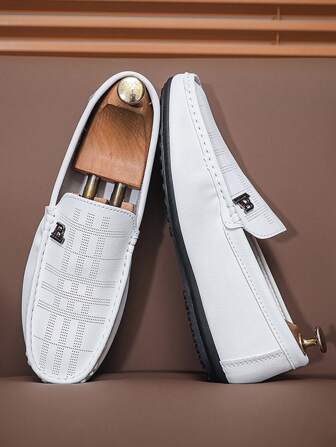 Men's Black Perforated Breathable Casual Leather Loafers, Easy Slip-On Driving Moccasins, Spring/Summer