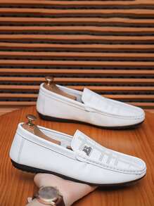 idocity Men's Spring/Summer Black Hollow Breathable Casual Slip-On Driving Shoes With Soft Sole And Bean Design - White - View 3