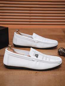 idocity Men's Spring/Summer Black Hollow Breathable Casual Slip-On Driving Shoes With Soft Sole And Bean Design - White - View 2