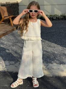 2pcs Young Girl Minimalist Elegant Style Solid Color Fringe Lace Camisole Top & Lace Pants Set, Summer - Beige - View 6