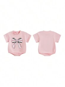 Baby Girls Summer Sweet Romper Infant Short Sleeve Round Neck Rugby Bow Embroidery Romper