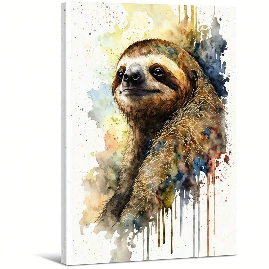 Watercolor Sloth With Leaves Large Wooden Framed Wall Art Home Decor Canvas Painting- For Bedroom, Bathroom, Living Room, Office, Kitchen, Holiday Gift- 1pc - Multicolor - View 1