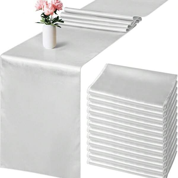 1/2/6/10/12pcs Satin Silver Table Runner 11.02" X 108.27", Satin Silver Wedding Table Runners For Wedding, Graduation Ceremony, Party, Valentine's Day, Birthday, Restaurant Decoration