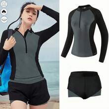 Bañador Mujer Split Protección Solar Secado Rápido Surf, Traje De Baño Deportivo Mujer Natación,Traje De Baño Con Manga Larga Mujer Protec Uv - negro y gris - Ver 4